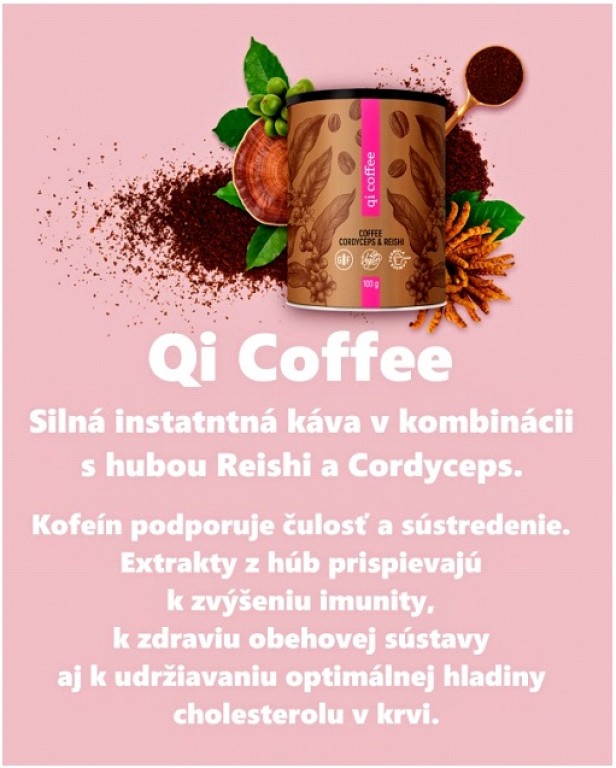 Kombinácia silnej instantnej kávy s extraktmi húb reishi a cordyceps.