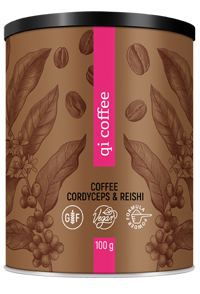 Qi coffee 100g kombinácia silnej instantnej kávy s extraktmi húb reishi Energy