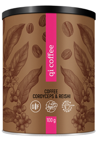 Qi coffee 100g kombinácia silnej instantnej kávy s extraktmi húb reishi Energy